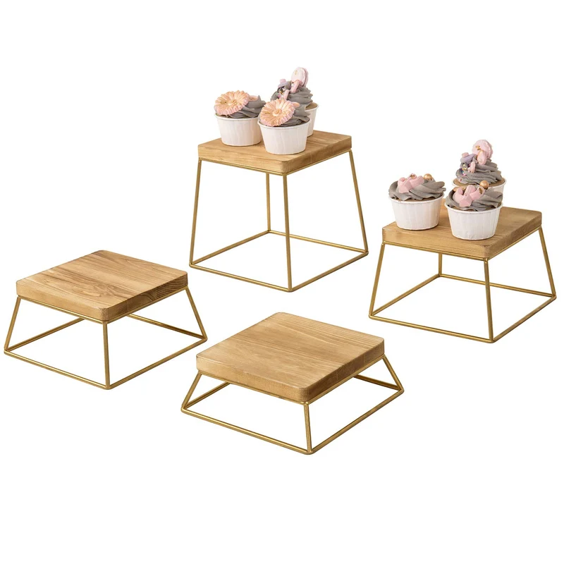 Wood & Gold Metal Wire Square Retail Food Display Risers/Pizza Stands, Set of 4