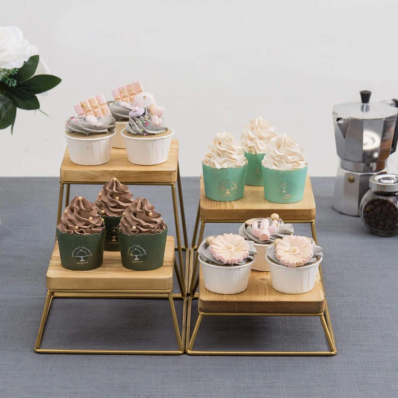 Wood & Gold Metal Wire Square Retail Food Display Risers/Pizza Stands, Set of 4