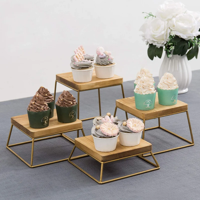Wood & Gold Metal Wire Square Retail Food Display Risers/Pizza Stands, Set of 4