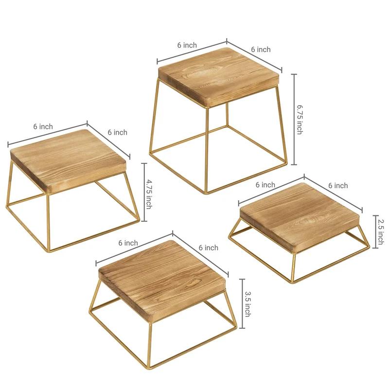 Wood & Gold Metal Wire Square Retail Food Display Risers/Pizza Stands, Set of 4