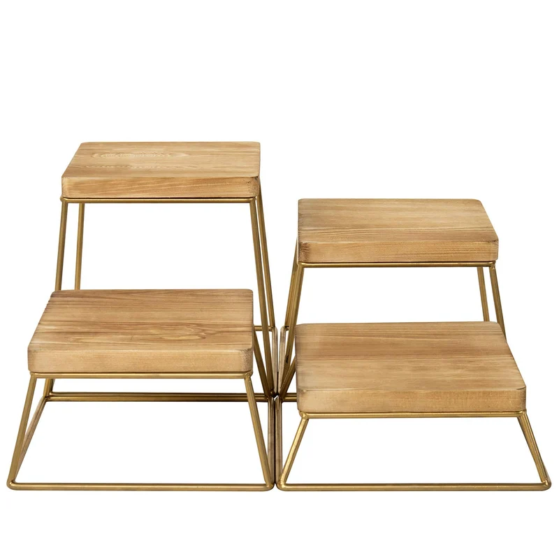 Wood & Gold Metal Wire Square Retail Food Display Risers/Pizza Stands, Set of 4