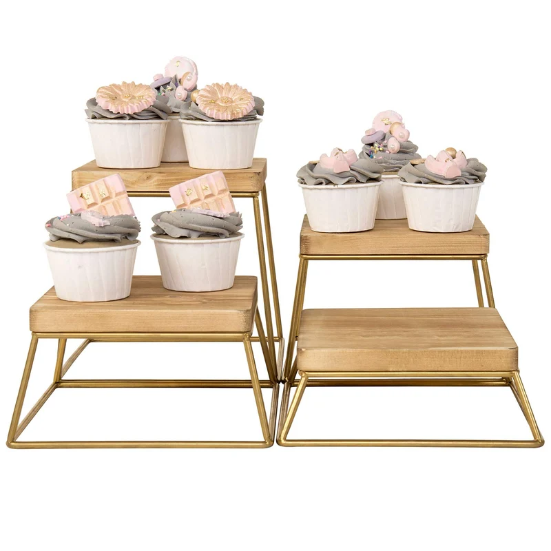 Wood & Gold Metal Wire Square Retail Food Display Risers/Pizza Stands, Set of 4