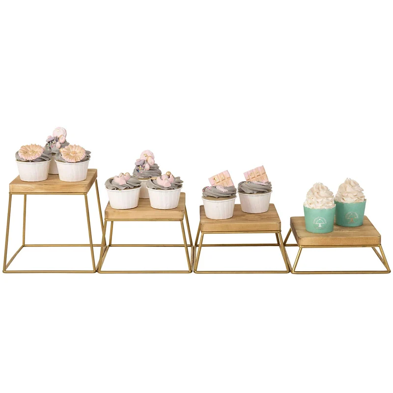 Wood & Gold Metal Wire Square Retail Food Display Risers/Pizza Stands, Set of 4