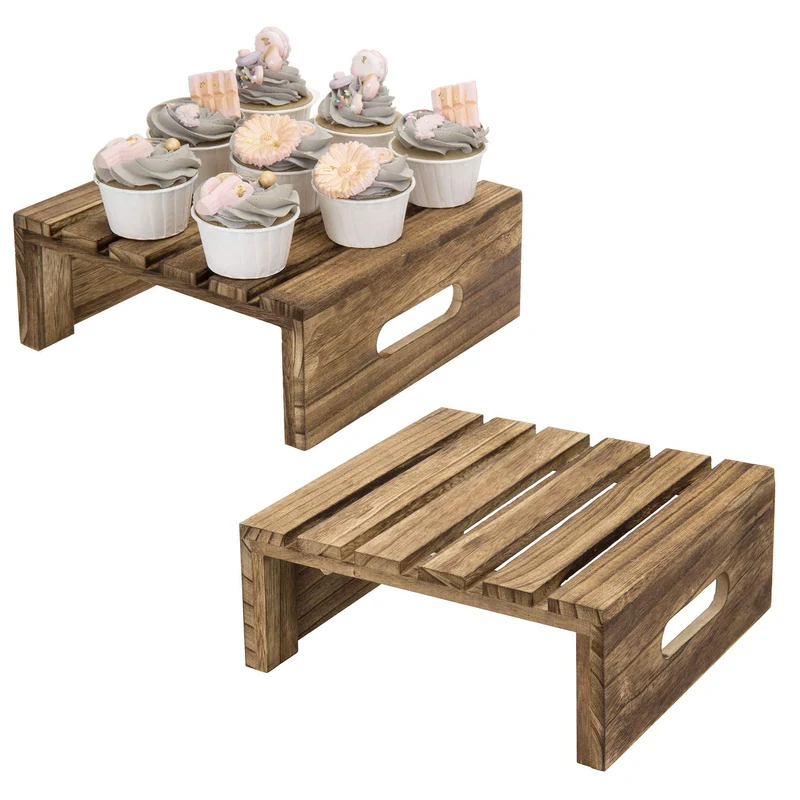 Rustic Brown Burnt Wood Cake, Cupcake and Dessert Buffet Display Holder Riser Stands, Set of 2