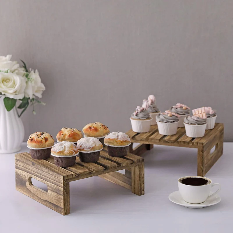 Rustic Brown Burnt Wood Cake, Cupcake and Dessert Buffet Display Holder Riser Stands, Set of 2
