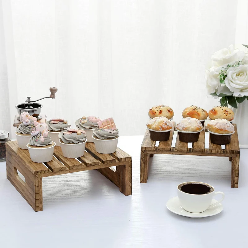 Rustic Brown Burnt Wood Cake, Cupcake and Dessert Buffet Display Holder Riser Stands, Set of 2