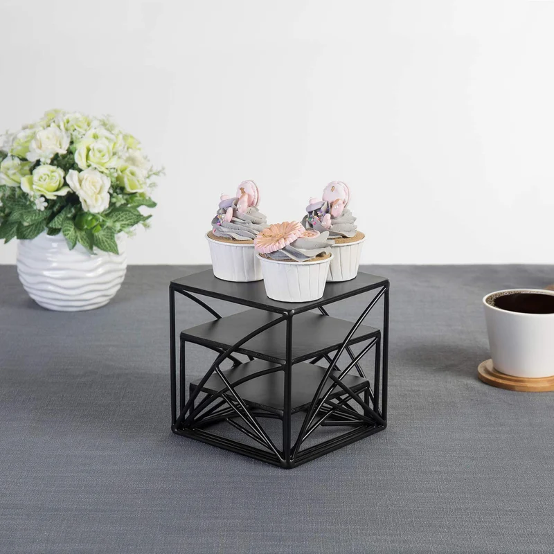 Black Metal Wire Cupcake Stand, Tabletop Dessert, Appetizer Display Food Riser, Set of 3