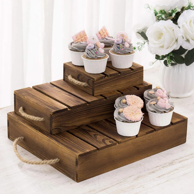 Wood Rustic Cake Stand Risers for Display, Wooden Pallets Style Tiered Dessert Stand, Cupcake Display Boxes with Rope Handles, Set of 3