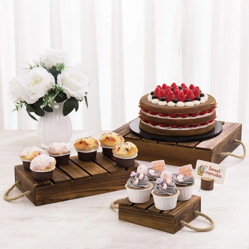 Wood Rustic Cake Stand Risers for Display, Wooden Pallets Style Tiered Dessert Stand, Cupcake Display Boxes with Rope Handles, Set of 3