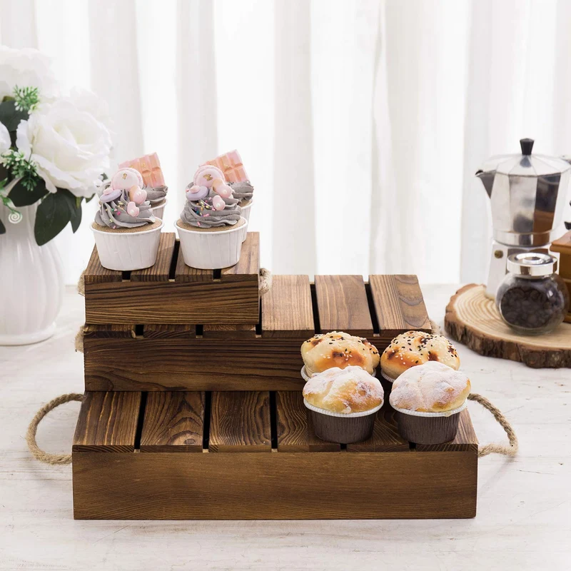 Wood Rustic Cake Stand Risers for Display, Wooden Pallets Style Tiered Dessert Stand, Cupcake Display Boxes with Rope Handles, Set of 3