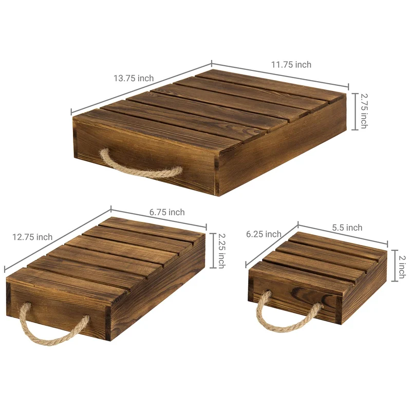 Wood Rustic Cake Stand Risers for Display, Wooden Pallets Style Tiered Dessert Stand, Cupcake Display Boxes with Rope Handles, Set of 3