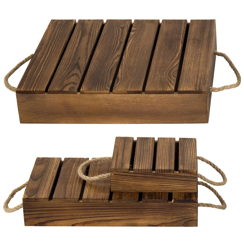 Wood Rustic Cake Stand Risers for Display, Wooden Pallets Style Tiered Dessert Stand, Cupcake Display Boxes with Rope Handles, Set of 3