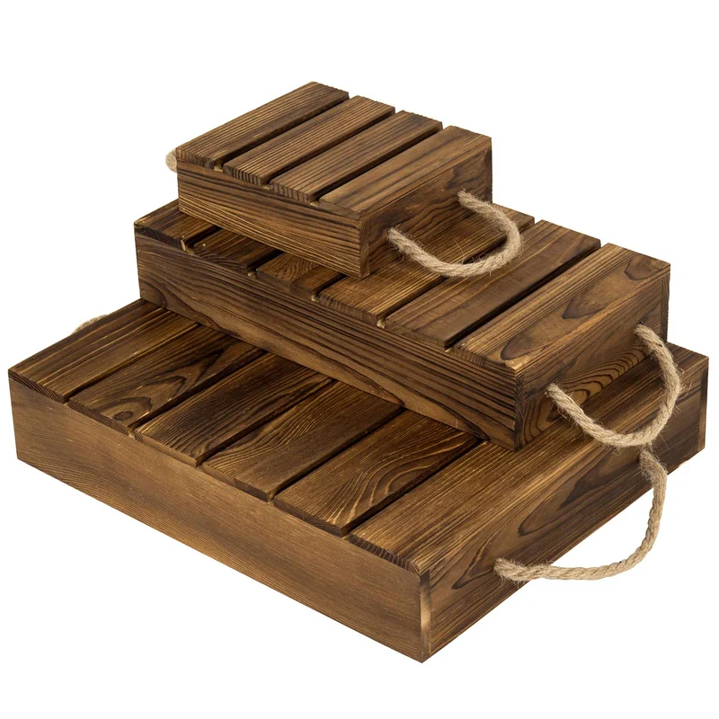 Wood Rustic Cake Stand Risers for Display, Wooden Pallets Style Tiered Dessert Stand, Cupcake Display Boxes with Rope Handles, Set of 3