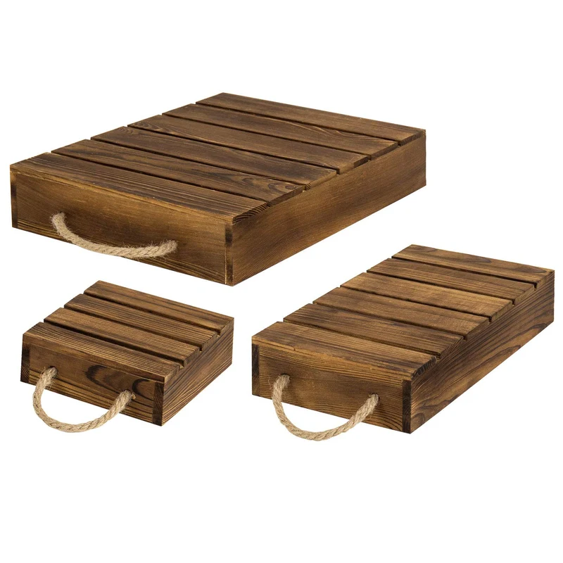 Wood Rustic Cake Stand Risers for Display, Wooden Pallets Style Tiered Dessert Stand, Cupcake Display Boxes with Rope Handles, Set of 3