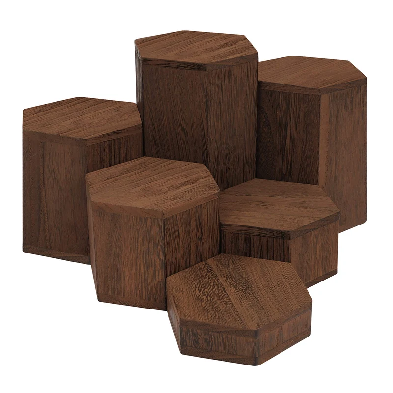 Wooden Hexagon Display Risers (6 Pack) - Wood Showcase Stands for Shelves and Countertops - Step Plinths for Jewellery, Retail, Figures, Cupcakes and Desserts
