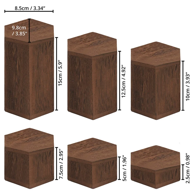 Wooden Hexagon Display Risers (6 Pack) - Wood Showcase Stands for Shelves and Countertops - Step Plinths for Jewellery, Retail, Figures, Cupcakes and Desserts