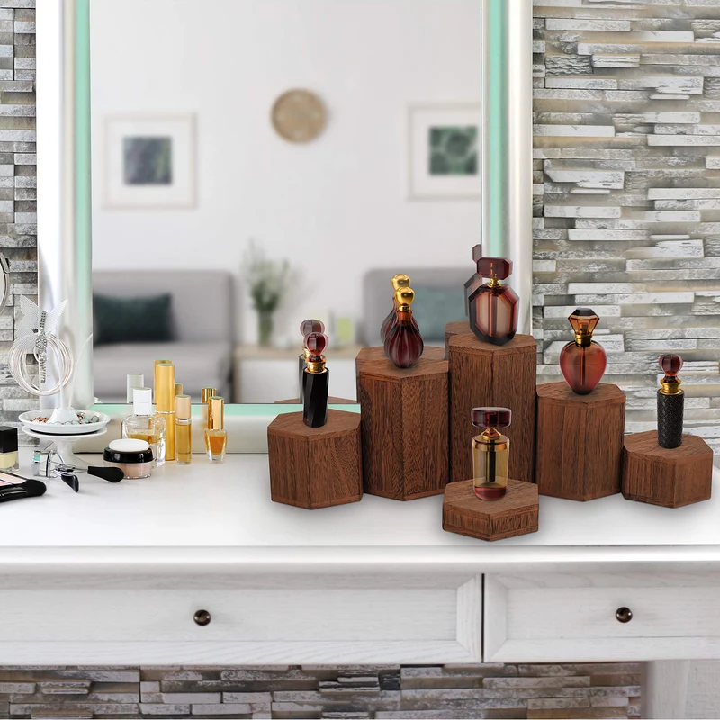 Wooden Hexagon Display Risers (6 Pack) - Wood Showcase Stands for Shelves and Countertops - Step Plinths for Jewellery, Retail, Figures, Cupcakes and Desserts