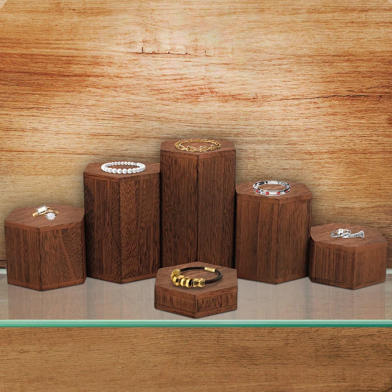 Wooden Hexagon Display Risers (6 Pack) - Wood Showcase Stands for Shelves and Countertops - Step Plinths for Jewellery, Retail, Figures, Cupcakes and Desserts