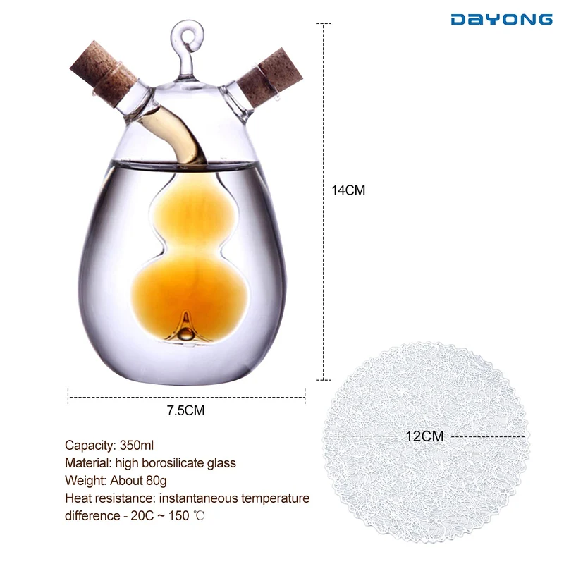 DAYONG Oil Dispenser,2 in 1 Kitchen Supplies Glass Olive Oil and Vinegar Cruet Bottle with Cork Stoppers,Double Pourer Spout Stoppers for Cooking (Gourd)