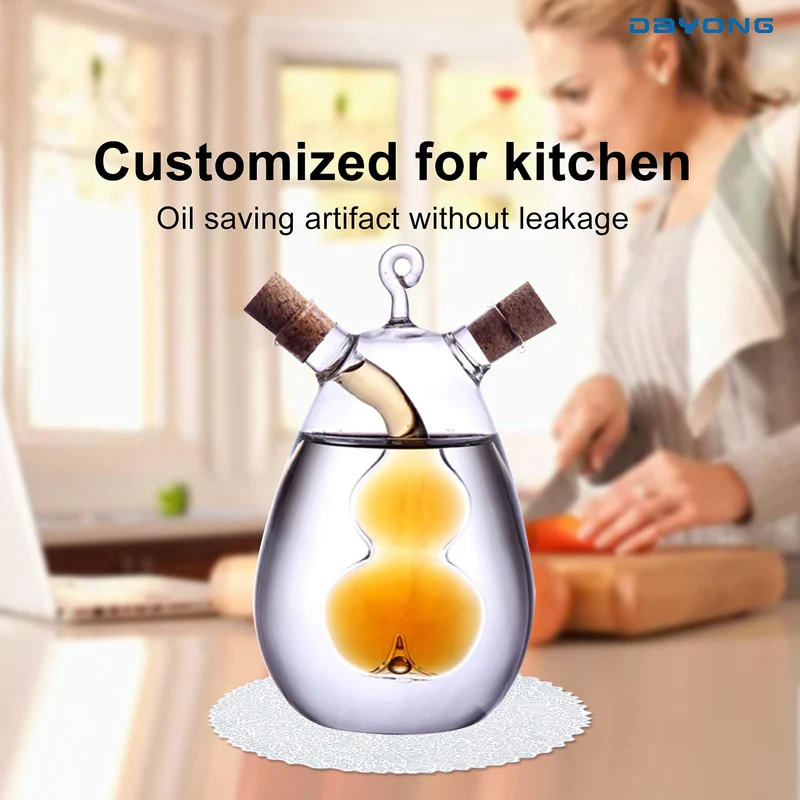 DAYONG Oil Dispenser,2 in 1 Kitchen Supplies Glass Olive Oil and Vinegar Cruet Bottle with Cork Stoppers,Double Pourer Spout Stoppers for Cooking (Gourd)