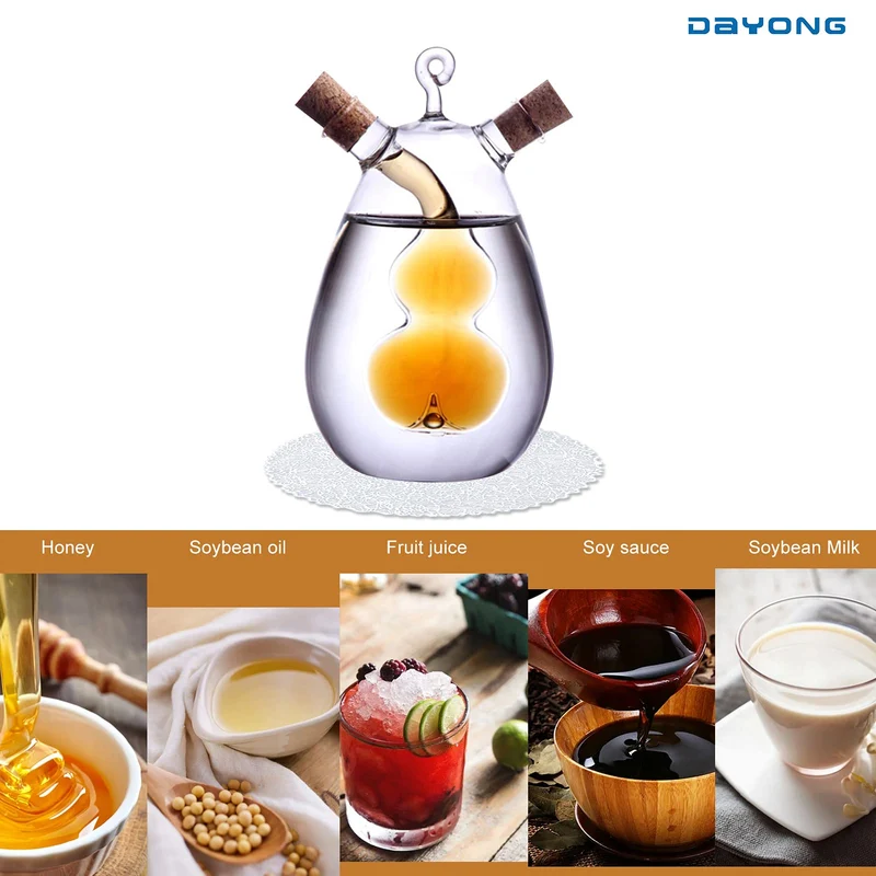 DAYONG Oil Dispenser,2 in 1 Kitchen Supplies Glass Olive Oil and Vinegar Cruet Bottle with Cork Stoppers,Double Pourer Spout Stoppers for Cooking (Gourd)