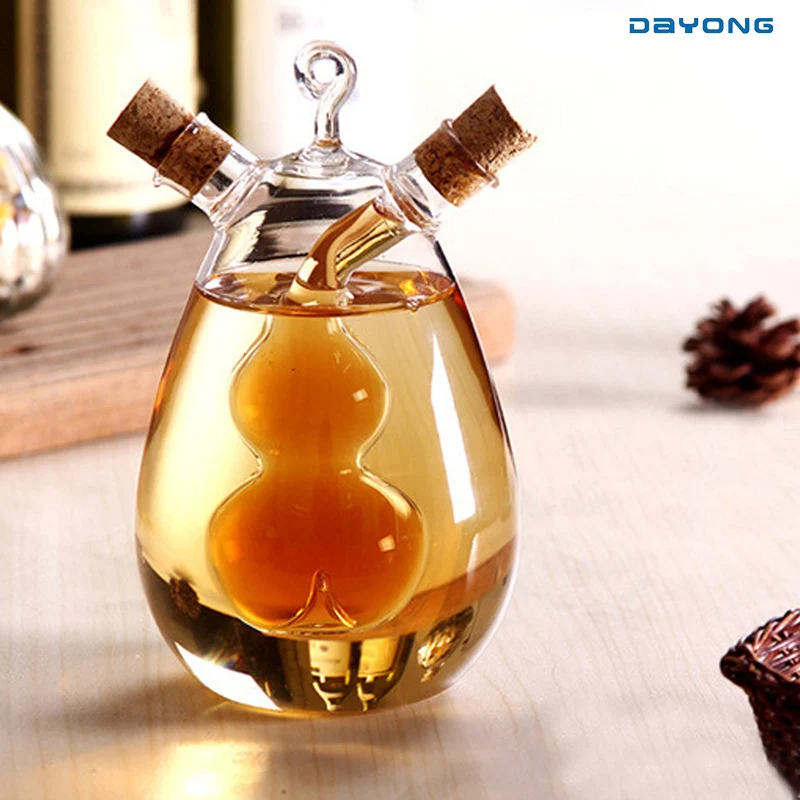 DAYONG Oil Dispenser,2 in 1 Kitchen Supplies Glass Olive Oil and Vinegar Cruet Bottle with Cork Stoppers,Double Pourer Spout Stoppers for Cooking (Gourd)