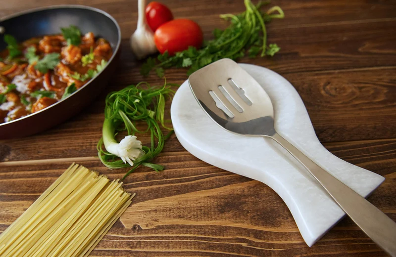 Spoon Rest Handmade Marble Big White Spatula Ladle Fork Utensil Rest - Spoon Rests Keeper Kitchen Organizer - Chef Cooking Helper Tool Countertop Spoon Holder