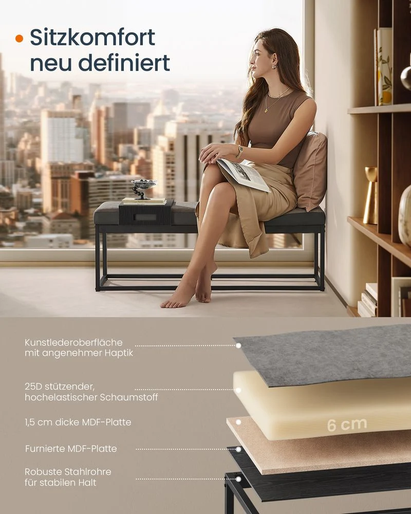 Sitzbank mit Stauraum – Bewegliches Sitzpolster – Mit Seitenablage – Industriedesign – Bis 300 kg belastbar