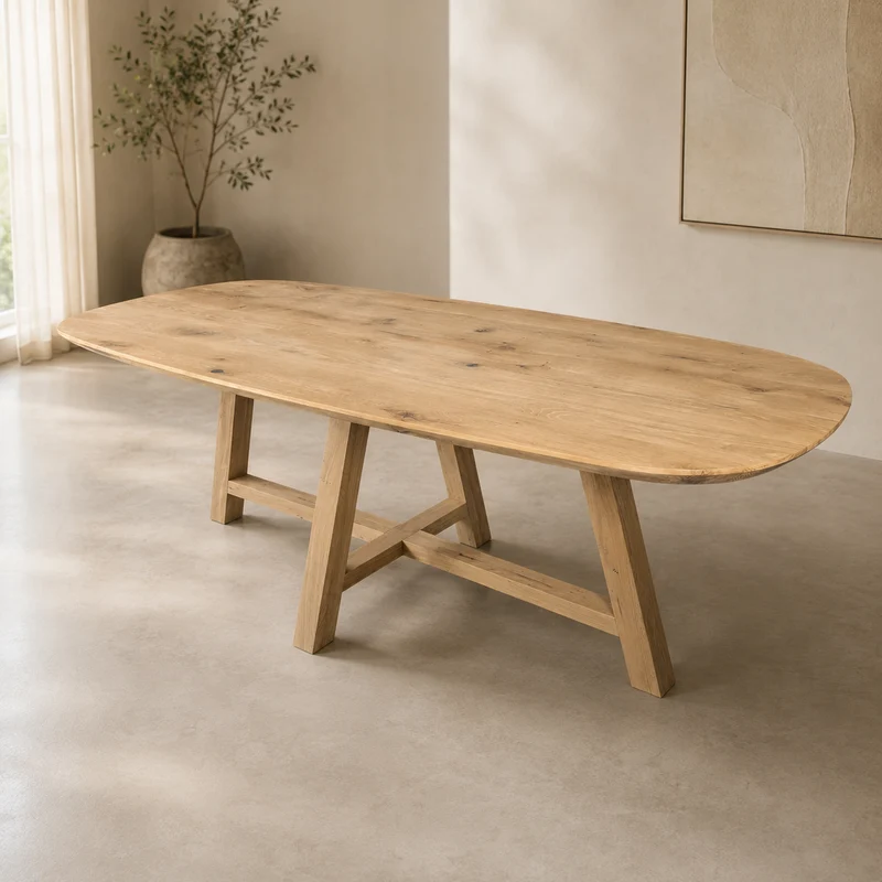 Esstisch Hofox – Danish Oval aus massiver Wildeiche mit Holzgestell