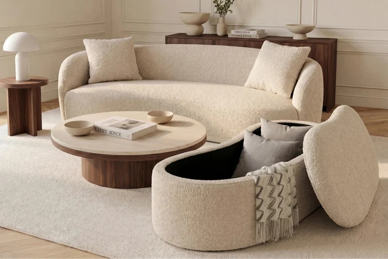 Design Polsterbank ARCO 120cm champagner beige Bouclé Sitzbank