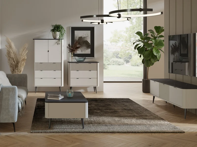 Marly Wohnzimmer-Set 3-teilig mit Highboard, Kommode und Couchtisch – Kaschmir / Grauer Stein