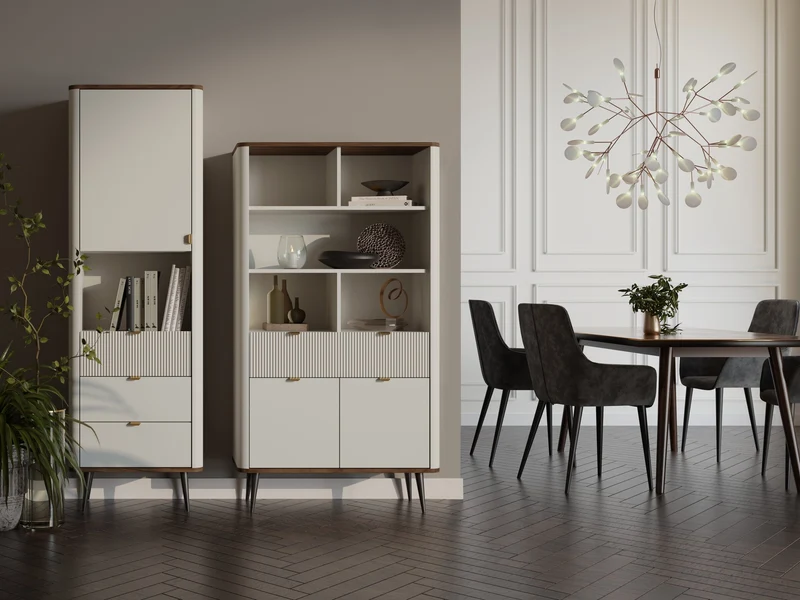 Marly Wohnzimmer-Set 2-teilig mit Hochschrank schmal und Regal mit Türen und Schublade – Kaschmir / Walnuss