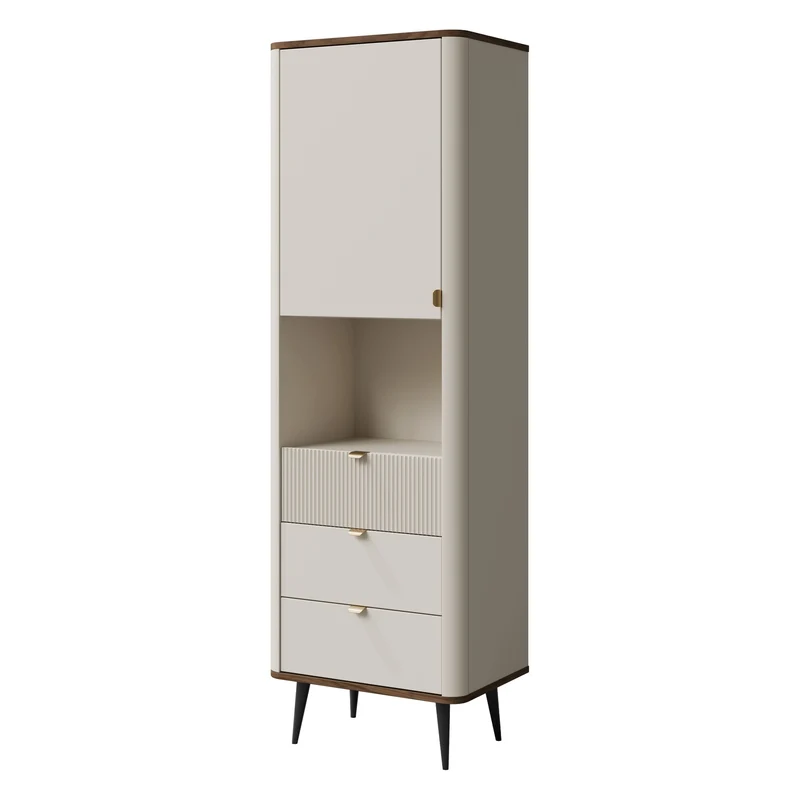 Marly Wohnzimmer-Set 2-teilig mit Hochschrank schmal und Regal mit Türen und Schublade – Kaschmir / Walnuss