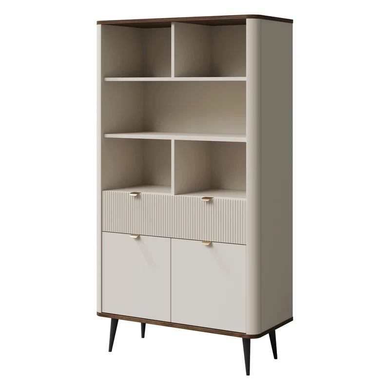 Marly Wohnzimmer-Set 2-teilig mit Hochschrank schmal und Regal mit Türen und Schublade – Kaschmir / Walnuss