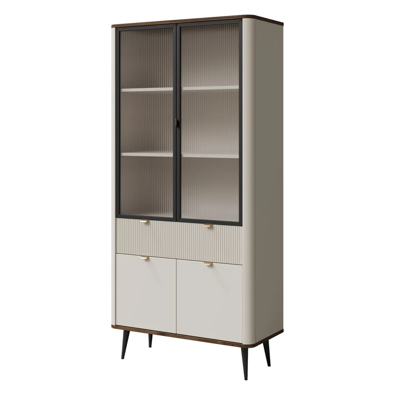 Marly Vitrine 90 cm mit 2 Glastüren, 2 Türen und 1 Schublade – Kaschmir / Walnuss