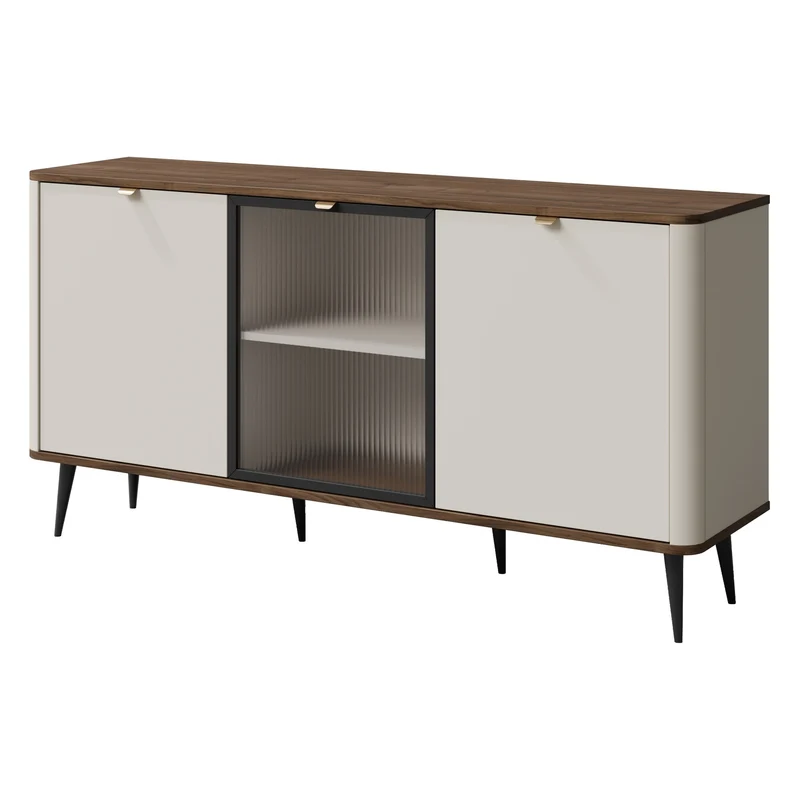 Marly Wohnzimmer-Set 5-teilig mit Vitrine und Standvitrine schmal – Kaschmir / Walnuss