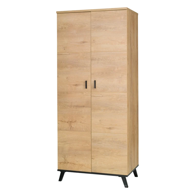 John Wohnzimmer-Set 5-teilig mit Highboard-Vitrine, Kleiderschrank, TV-Lowboard, Couchtisch und Wandregal – Eiche Lefkas / Schwarz