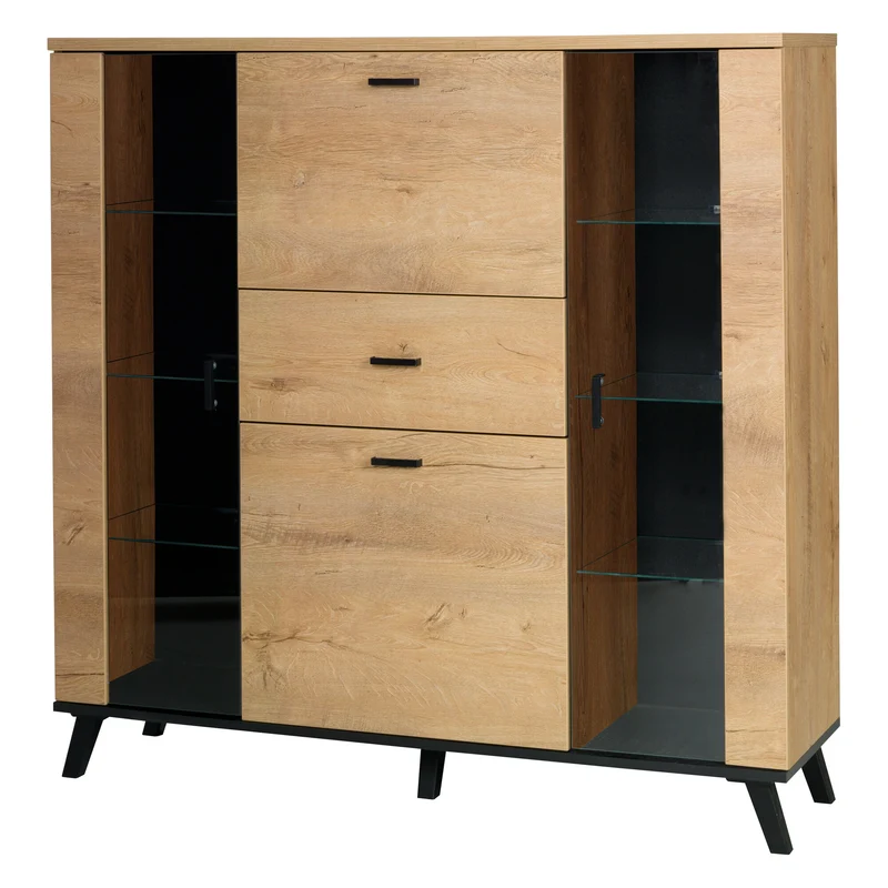John Wohnzimmer-Set 5-teilig mit Highboard-Vitrine, Kleiderschrank, TV-Lowboard, Couchtisch und Wandregal – Eiche Lefkas / Schwarz