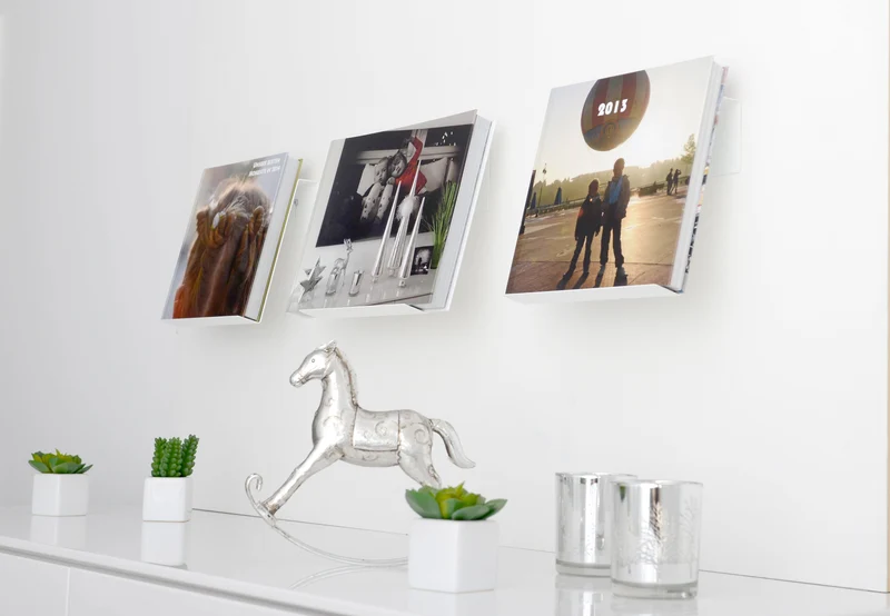 3 weiße Designer Buchregale aus Metall, ideal für Fotobücher, Kochbücher, Gästebücher und andere besondere Bücher