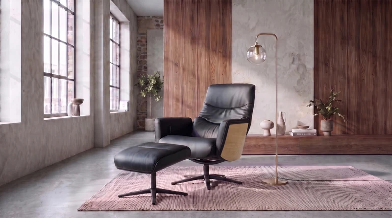 KAWOLA Relaxsessel VANITAS Drehsessel Leder schwarz mit Hocker