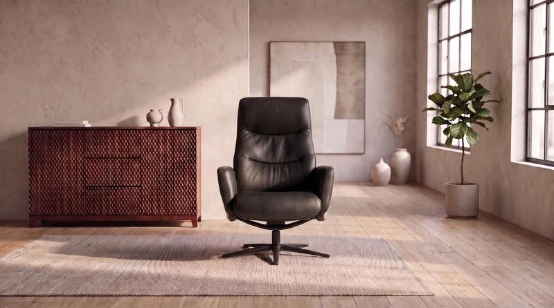 KAWOLA Relaxsessel VANITAS Drehsessel Leder schwarz mit Hocker