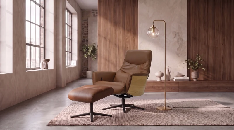 KAWOLA Relaxsessel VANITAS Drehsessel Leder braun mit Hocker