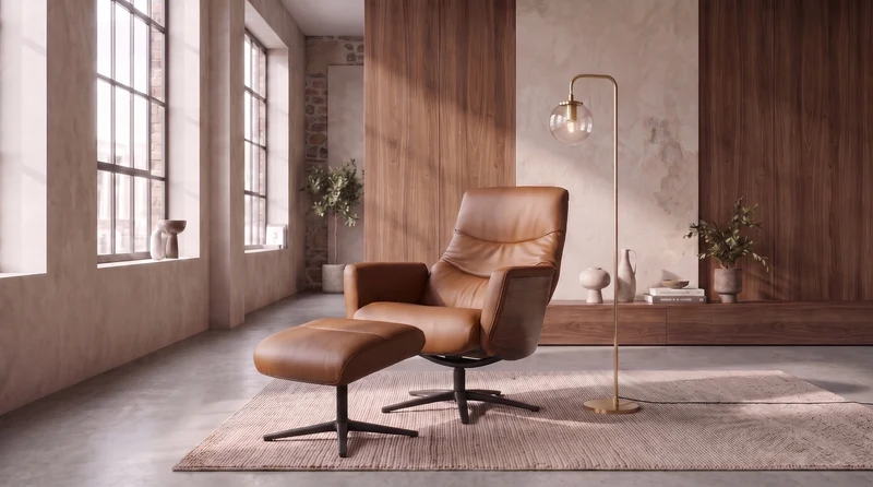 KAWOLA Relaxsessel VANITAS Drehsessel Leder braun mit Hocker