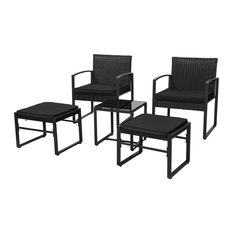 5-teiliges Gartenmöbelset aus Rattan, 2 Sessel + 2 Hocker + 1 Tisch – Schwarz