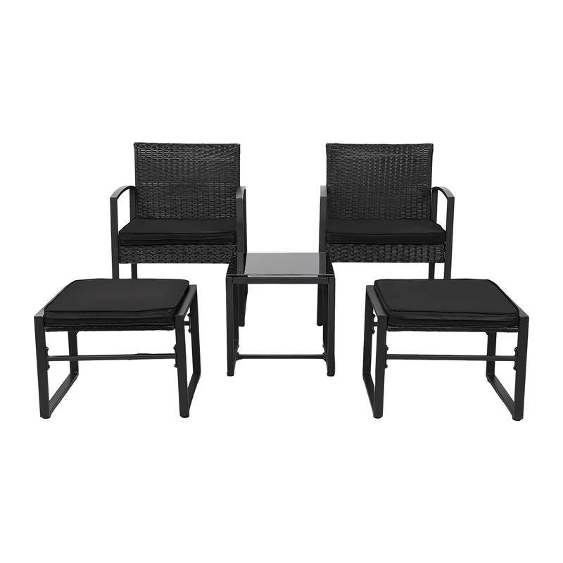 5-teiliges Gartenmöbelset aus Rattan, 2 Sessel + 2 Hocker + 1 Tisch – Schwarz