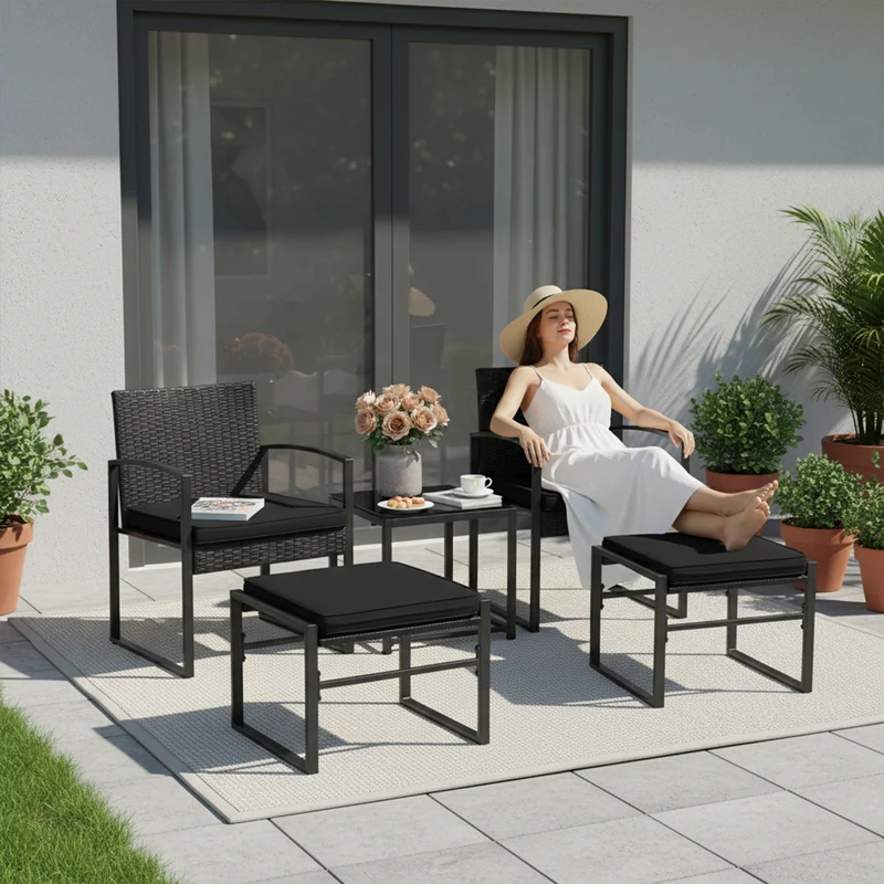5-teiliges Gartenmöbelset aus Rattan, 2 Sessel + 2 Hocker + 1 Tisch – Schwarz