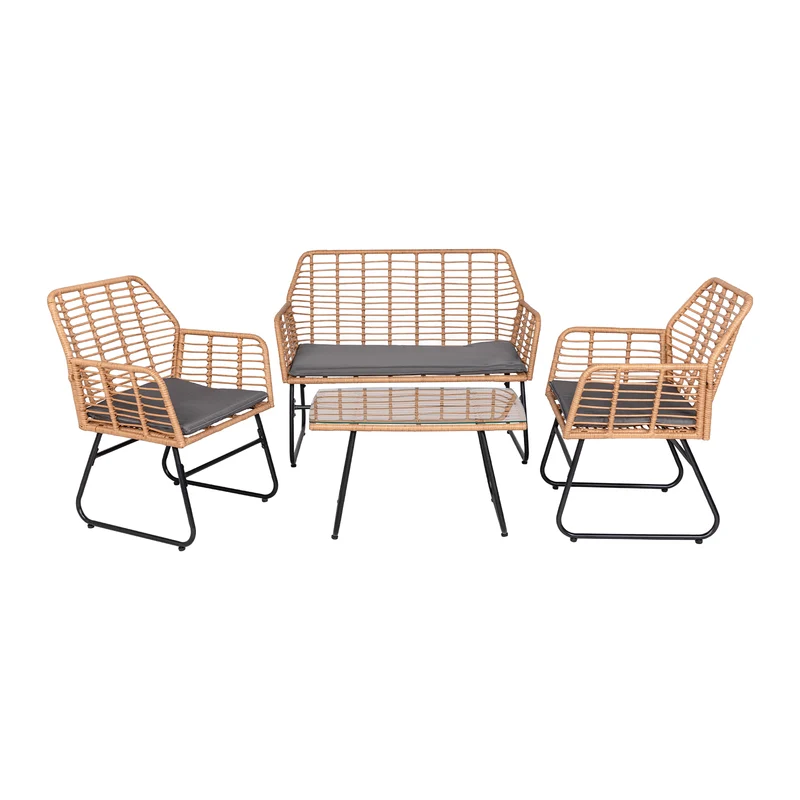 4-teiliges Gartenmöbelset aus geflochtenem Kunststoff – Graue Kissen – 1 Sofa, 2 Sessel, 1 Couchtisch