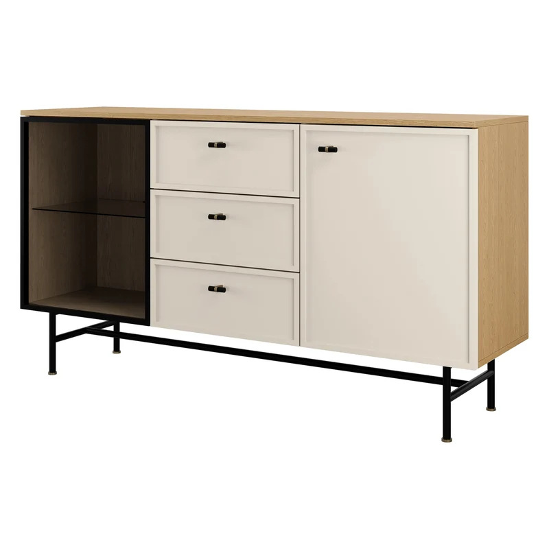 Elora Wohnzimmer-Set 4-teilig mit Sideboard mit Vitrinenteil – Frühlingseiche / Macadamia