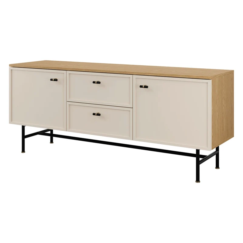 Elora Wohnzimmer-Set 4-teilig mit Sideboard mit Vitrinenteil – Frühlingseiche / Macadamia