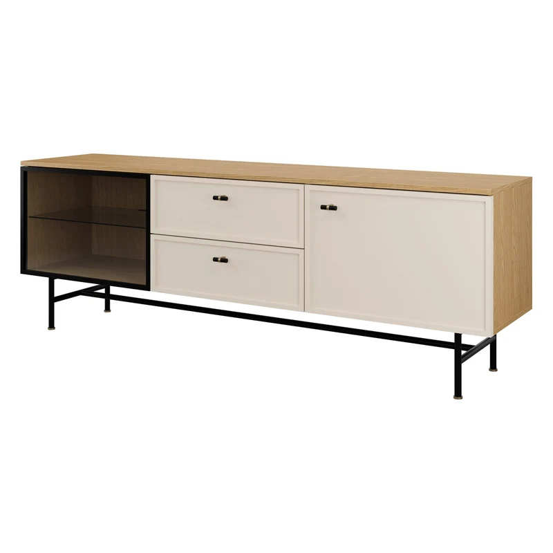 Elora Wohnzimmer-Set 5-teilig mit Vitrine, Sideboard, TV-Lowboard, Konsolentisch und Couchtisch – Frühlingseiche / Macadamia
